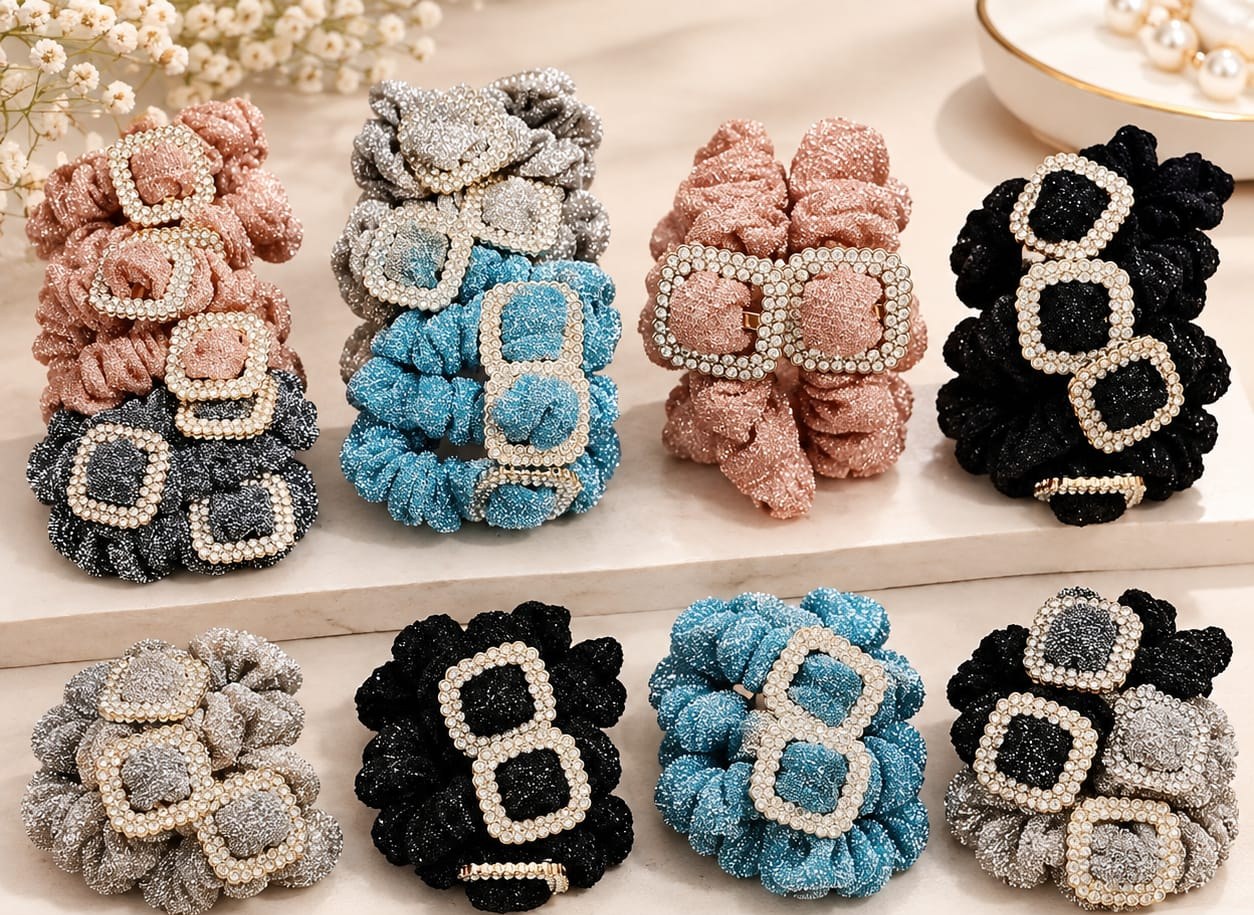 Glitter Scrunchie Hair Bands with Rhinestone Buckle – Pair