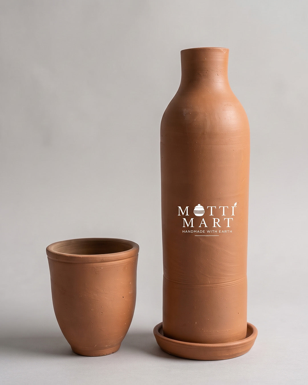 Mitti Mart Handmade Terracotta Water Bottle with Cup & Saucer