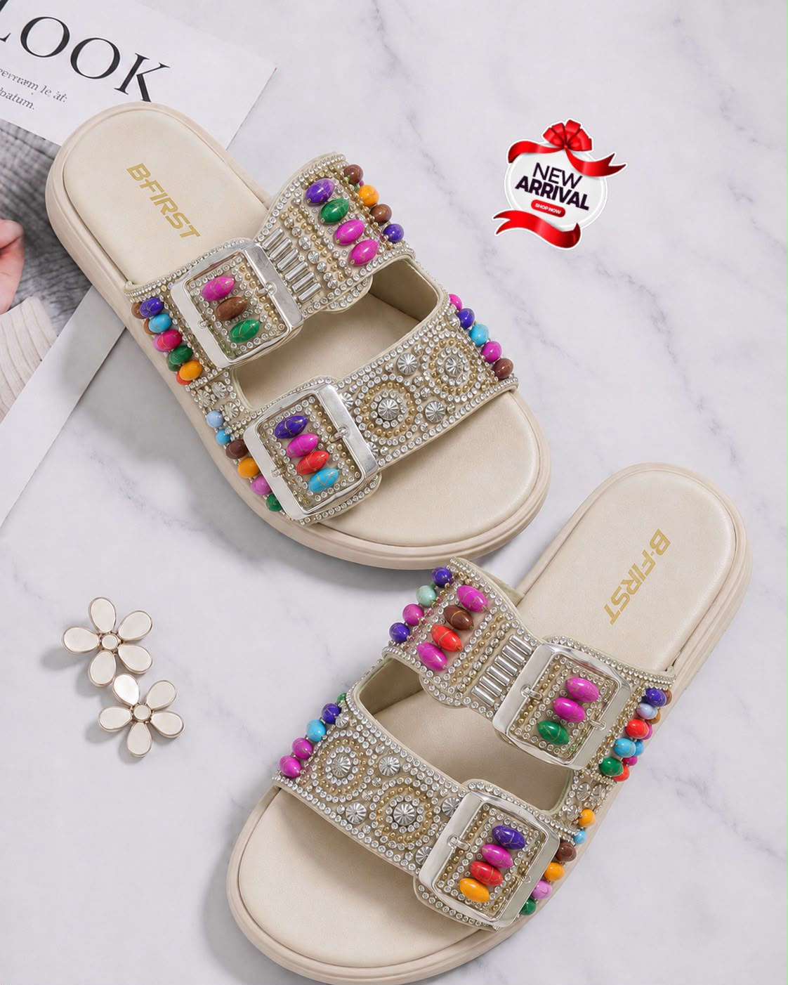 B First Beaded Buckle Comfort Slides