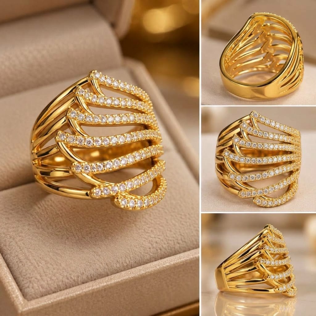 Zircon Studded Multi-Layer Wave Ring