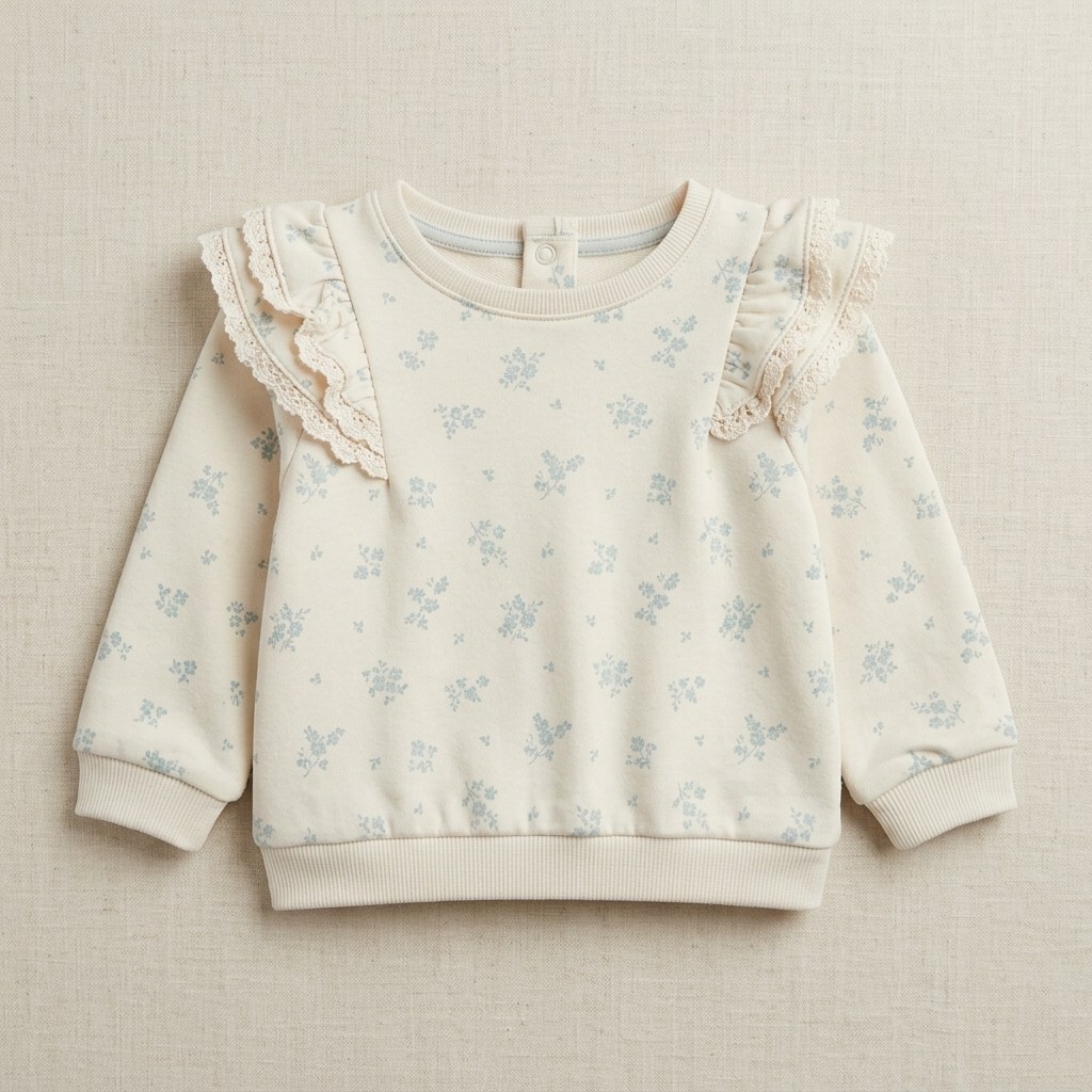 Ivory Floral Baby Sweatshirt with Lace Ruffle Sleeves