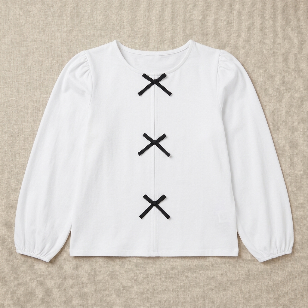 Girls' White Long-Sleeve Top with Black Bows (11–12 Years)