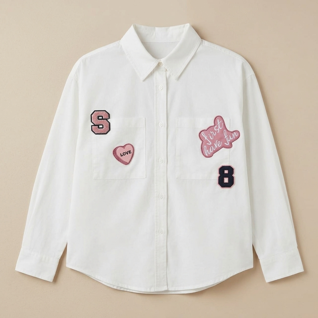 Girls' White Love Patch Button-Front Shirt (13–14 Years)