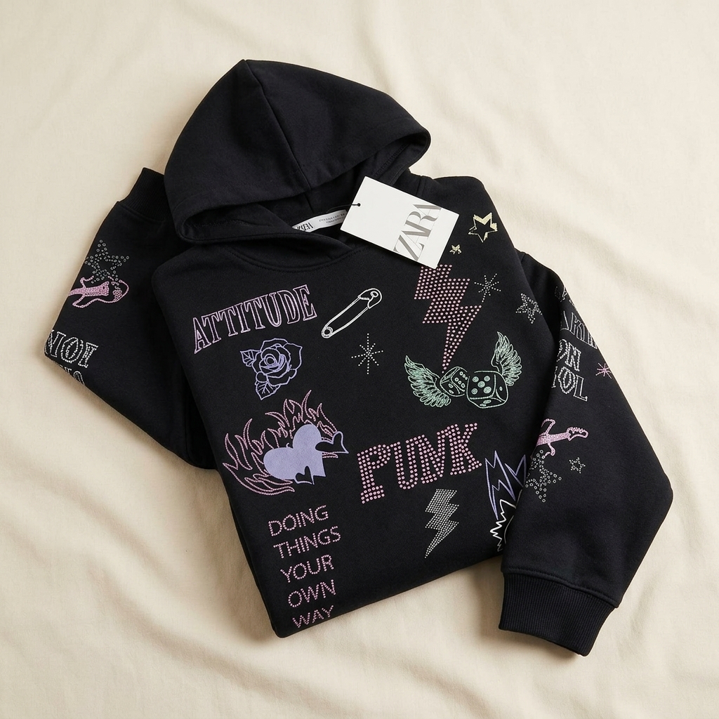 Zara Black Graphic Print Hoodie for Kids (Age 9–10)