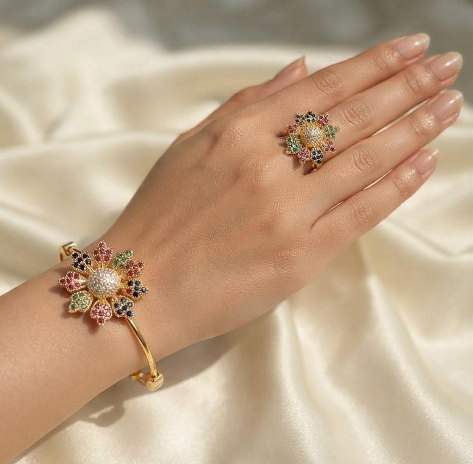 Zircon Flower Ring & Adjustable Kara