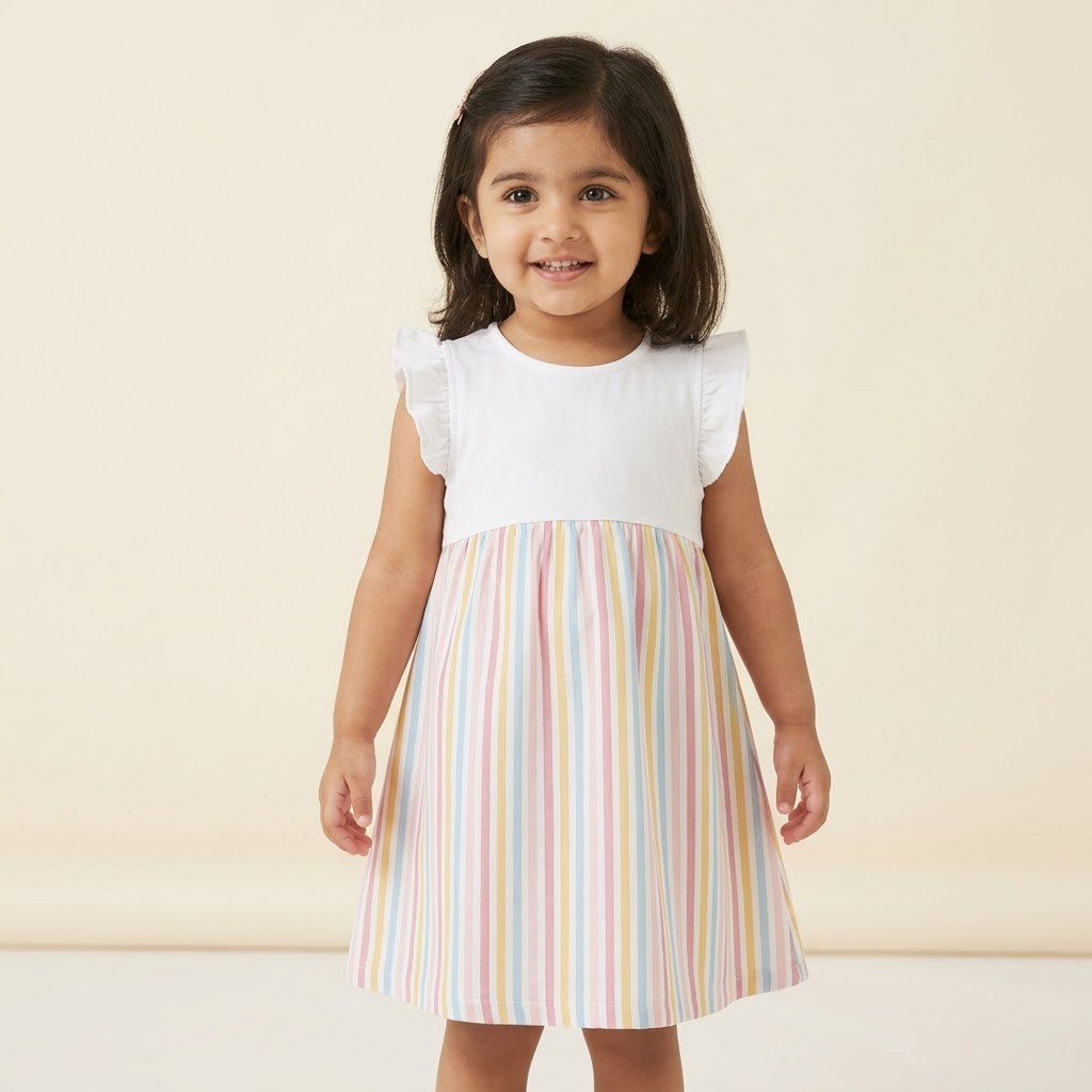 Girls Flutter Sleeve Pastel Striped Dress (2–3 Years)