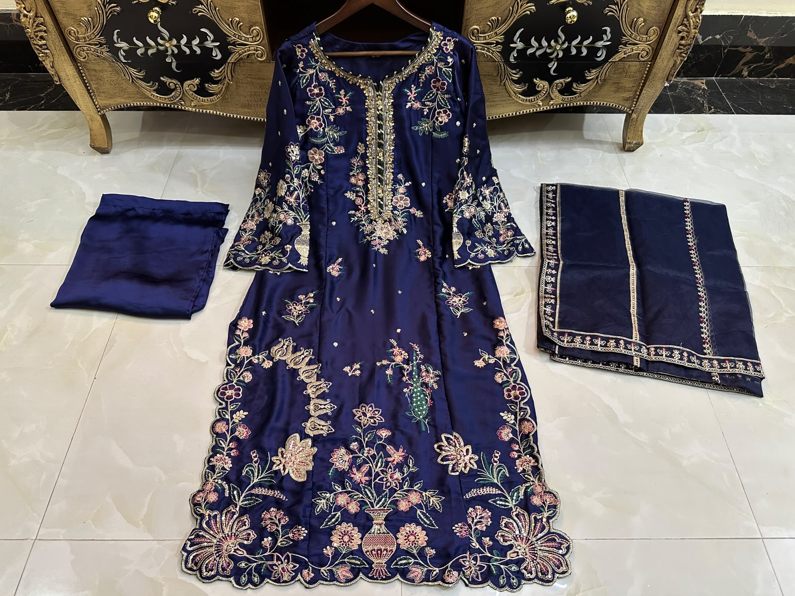 Embroidered Pure Silk Trendy Kaftan 3 Piece with Organza Dupatta