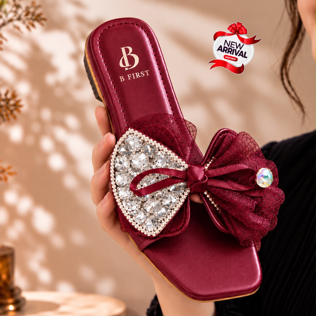 B First Crystal Bow Flat Slippers