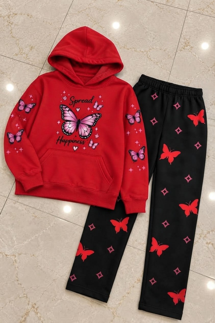 Girls Winter Hoodie & Trouser Set – Butterfly Print