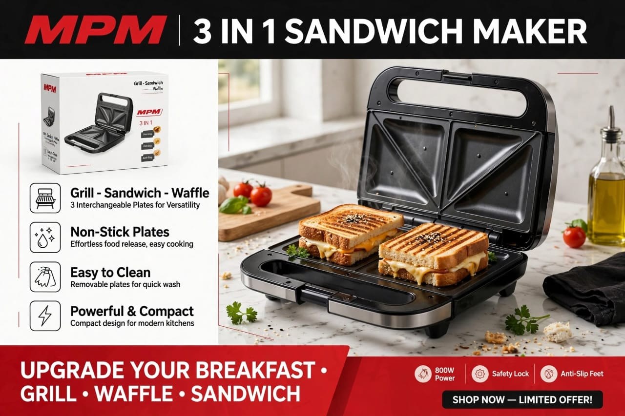 MPM 3 in 1 Sandwich, Grill & Waffle Maker (800W)