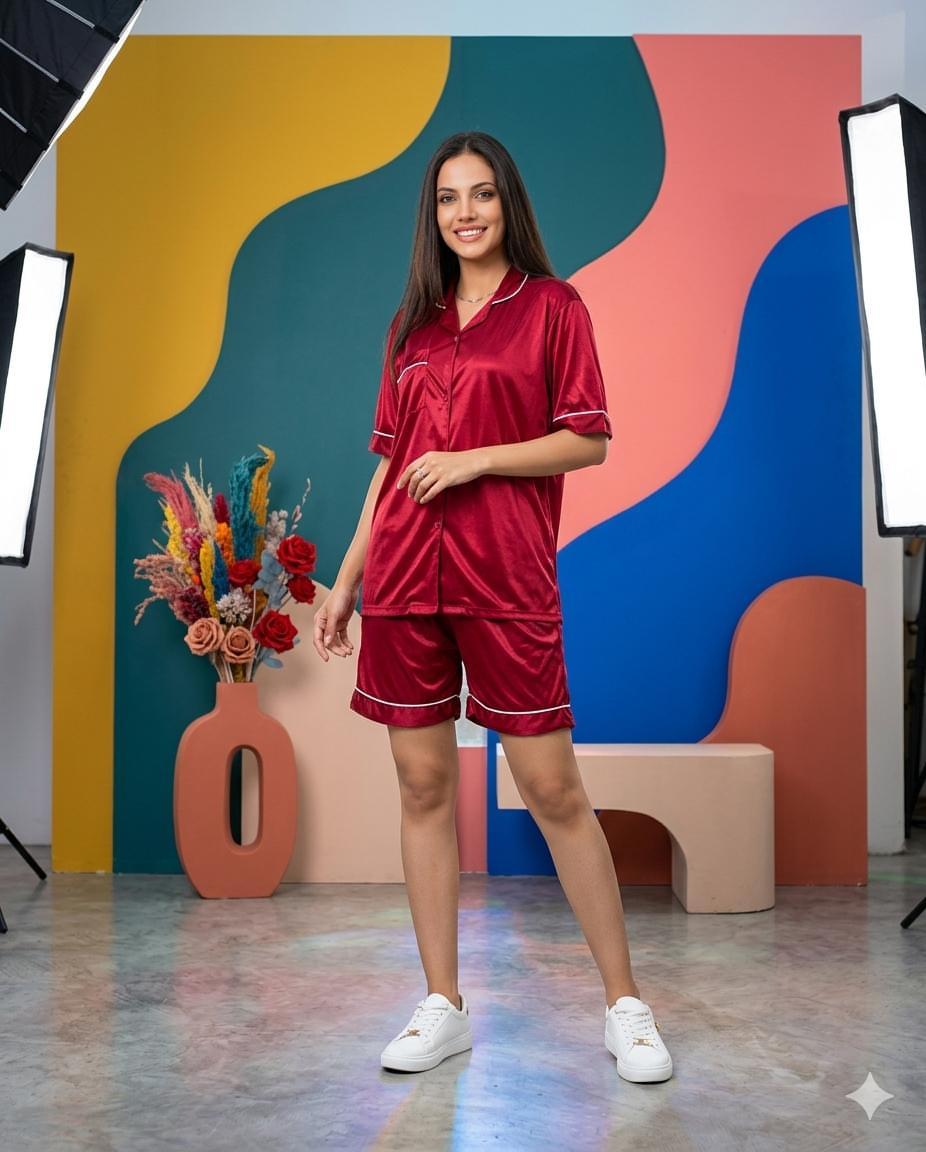 Piping Silk Night Wear