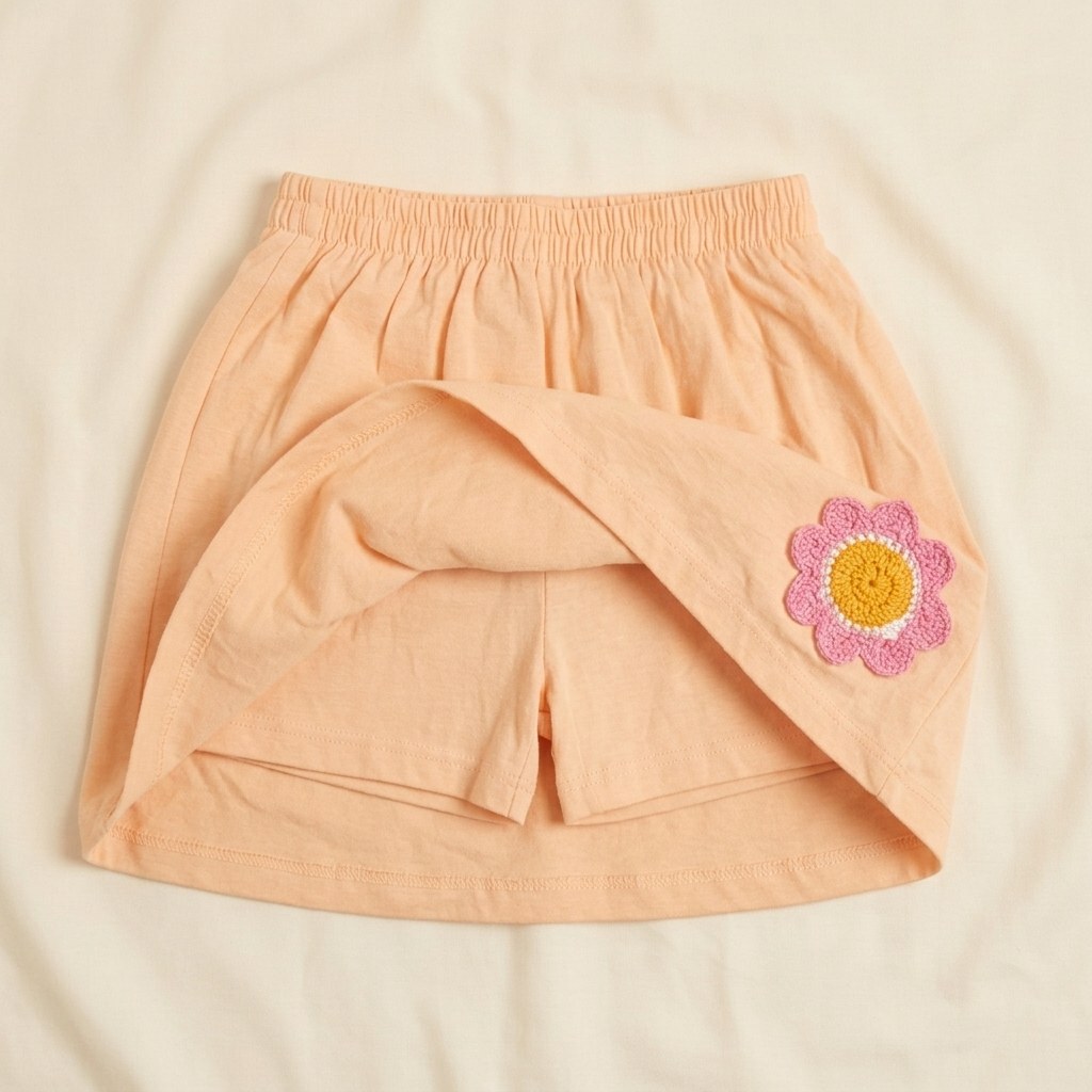 Peach Girls' Skort with Pink Crochet Flower