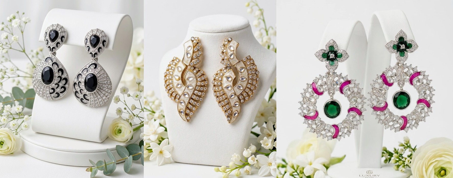 Antique Silver Meena Kundan Earrings