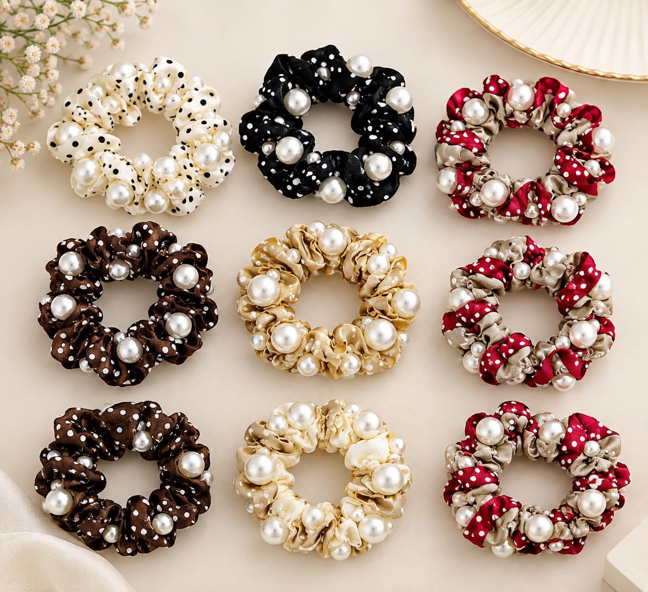 Pearl Satin Scrunchie Hair Bands – Pair