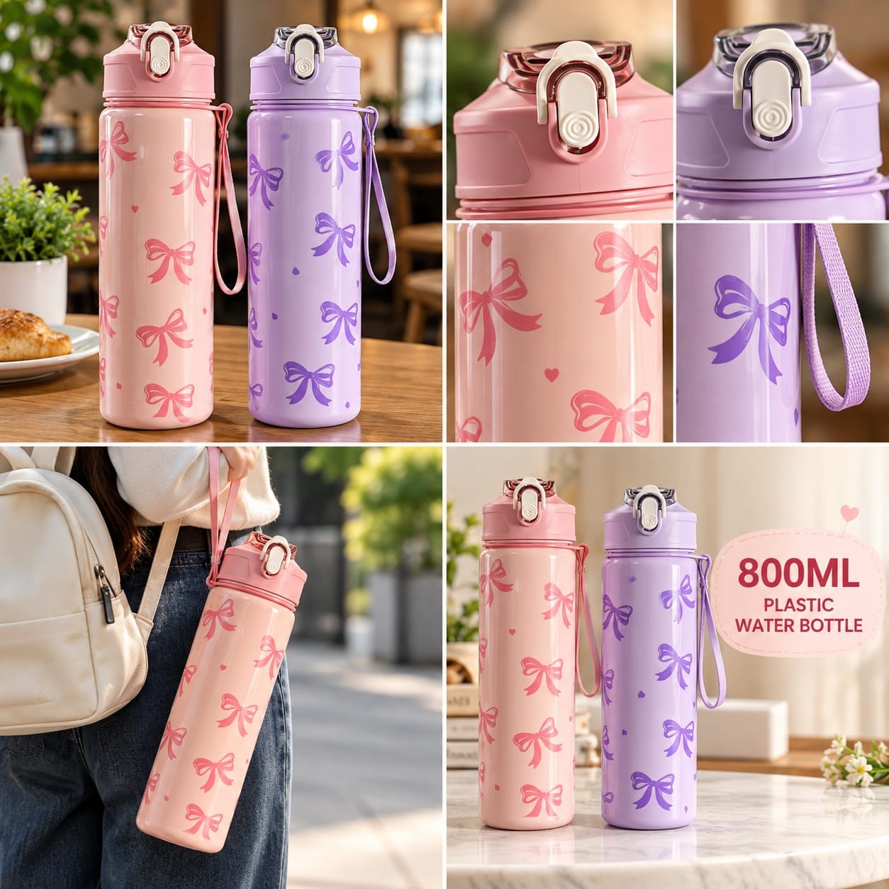 Bow Print Plastic Water Bottle (800ml)