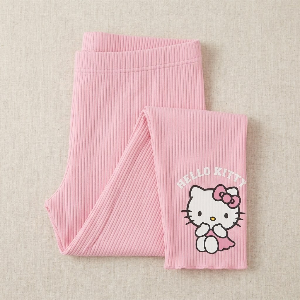 Baby Pink Ribbed Hello Kitty Printed Leggings for Girls
