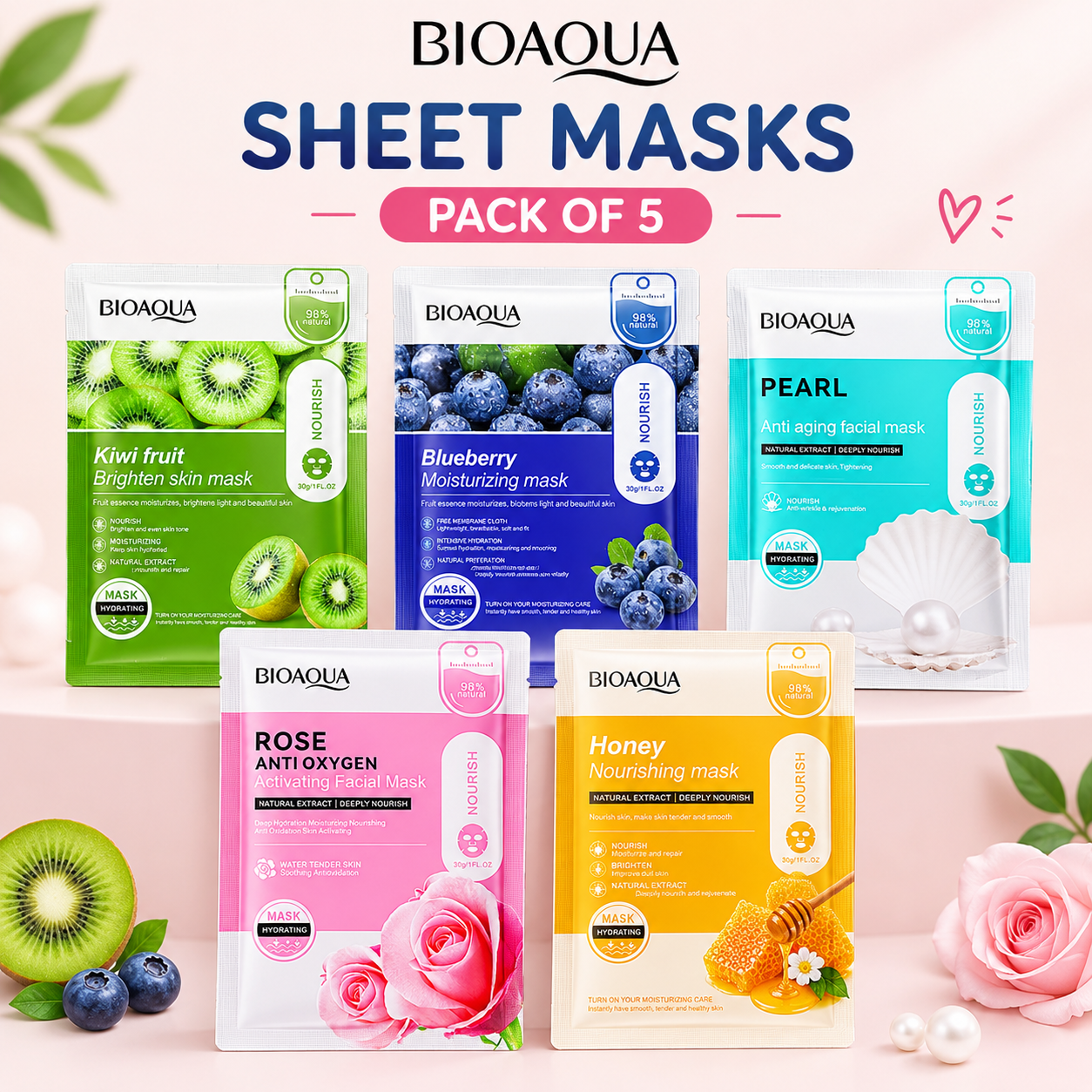Bioaqua Sheet Face Masks – Pack of 5