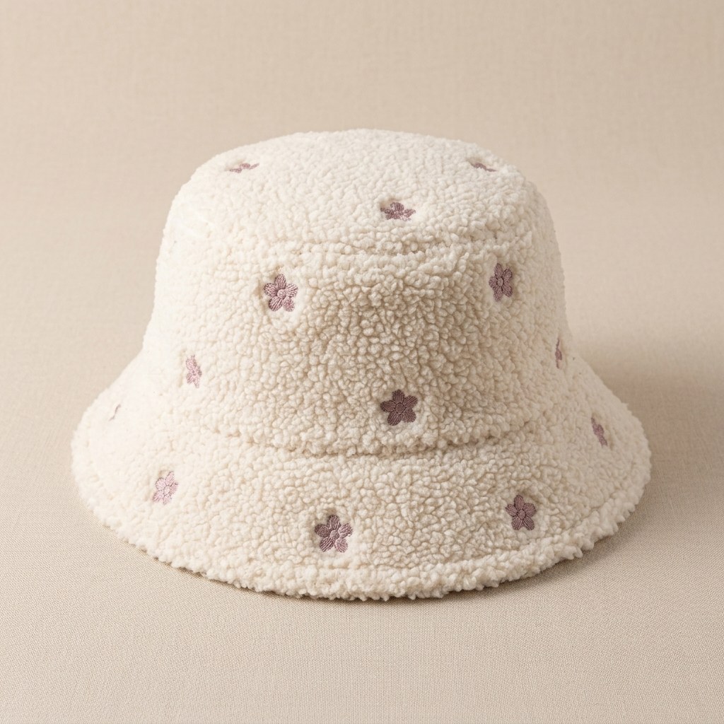 Cream Teddy Fleece Bucket Hat with Floral Embroidery